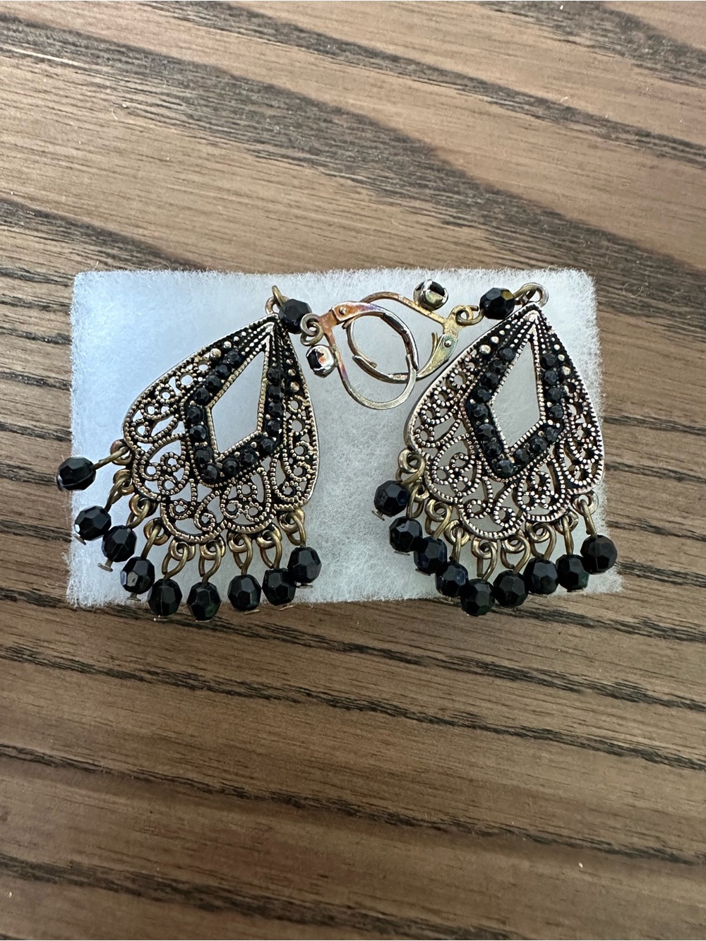 Vintage Antique Brass & Black Beaded Filigree Chandelier Earrings